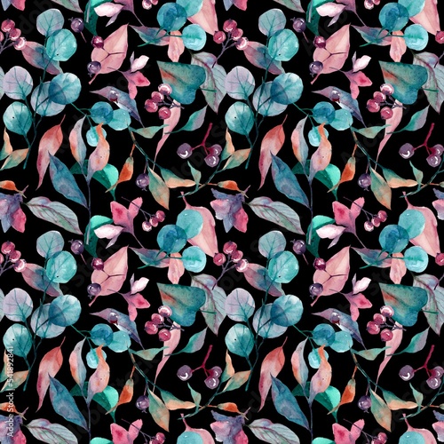 watercolor seamless botanical pattern. beautiful elegant autumn leaves and flowers 