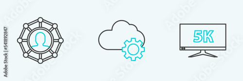 Set line Monitor display with 5k video, Project team base and Cloud technology data transfer and storage icon. Vector