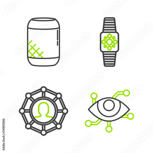 Set line Virtual reality, Project team base, Smartwatch and Voice assistant icon. Vector