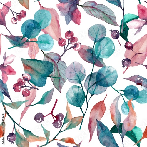 watercolor seamless botanical pattern. beautiful elegant autumn leaves and flowers 