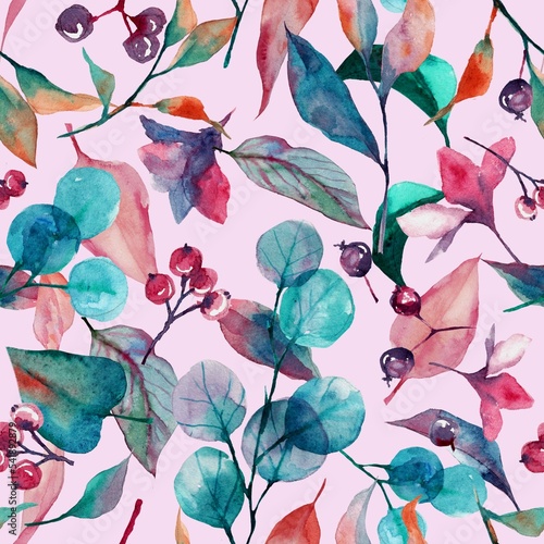 watercolor seamless botanical pattern. beautiful elegant autumn leaves and flowers 