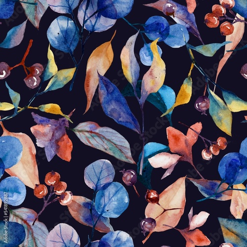 watercolor seamless botanical pattern. beautiful elegant autumn leaves and flowers 