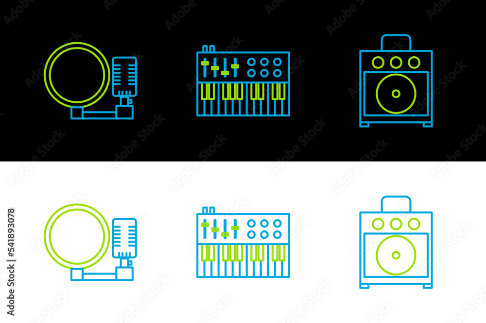 Obraz premium Set line Guitar amplifier, Microphone and Music synthesizer icon. Vector