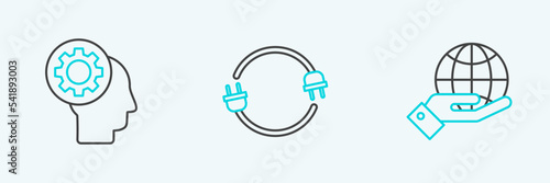 Set line Human hands holding Earth globe, head with gear inside and Electric plug icon. Vector