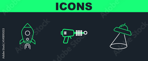 Set line UFO flying spaceship, Rocket with fire and Ray gun icon. Vector