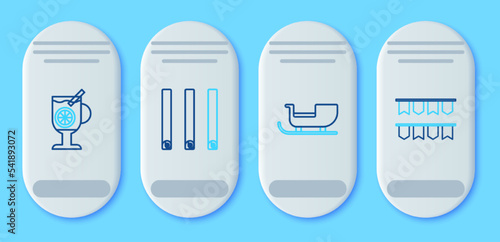 Set line Three rolled sticks of cinnamon, Christmas santa claus sleigh, Mulled wine with glass drink and Carnival garland flags icon. Vector