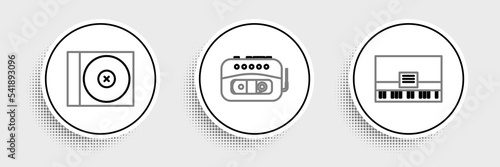 Set line Piano, CD or DVD disk and Music tape player icon. Vector photo
