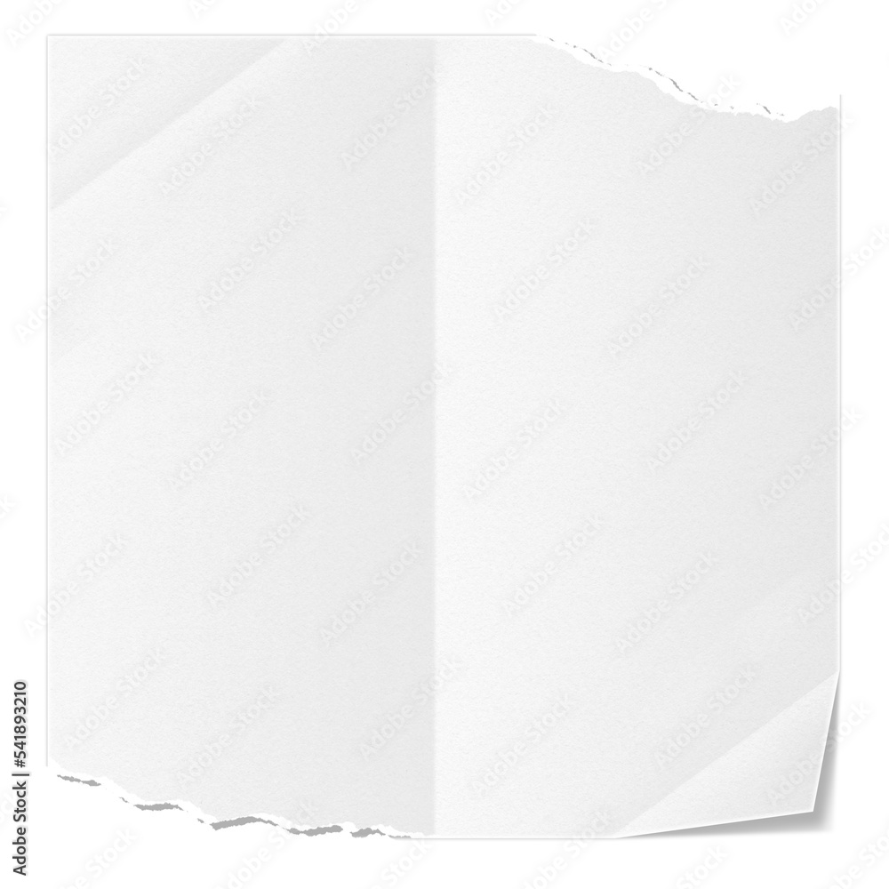 Biała pusta składana kwadratowa karty. Podarty arkusz papieru. Zagięcia na kartce. - obrazy, fototapety, plakaty 