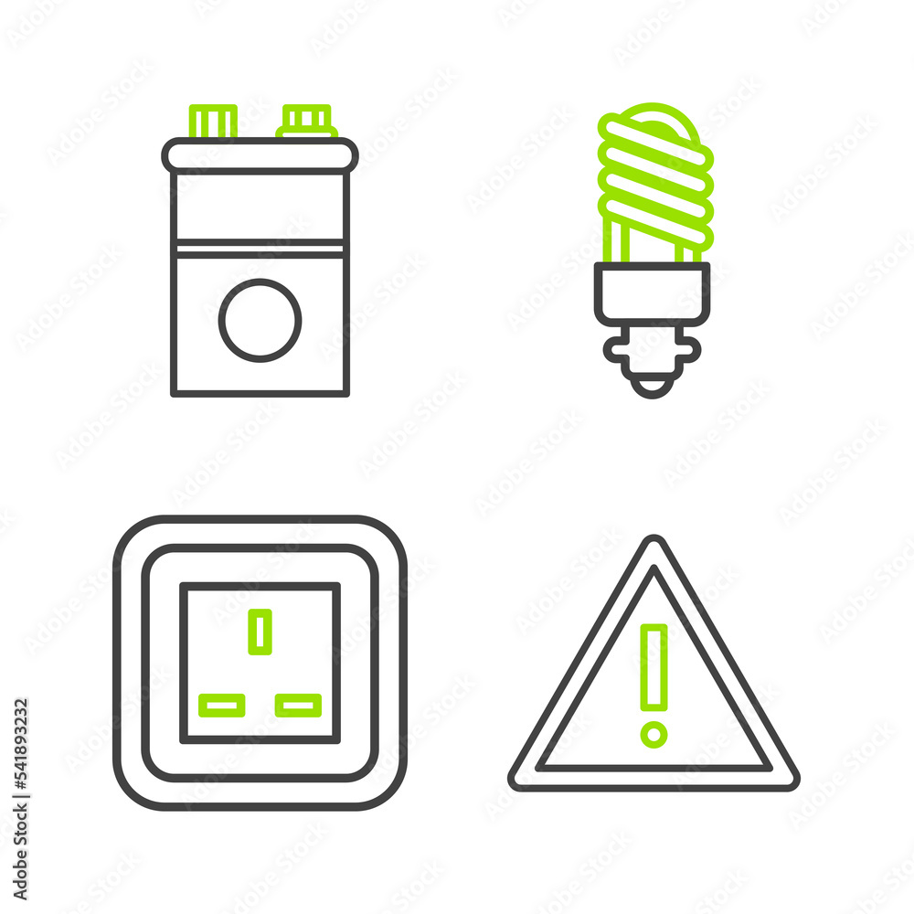 Set line Exclamation mark in triangle, Electrical outlet, LED light bulb and Car battery icon. Vector Set line Exclamation mark in triangle, Electrical outlet, LED light bulb and Car battery icon. Vector