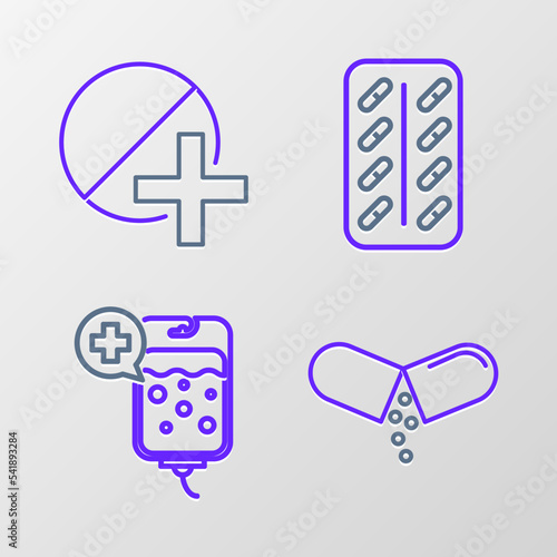 Set line Medicine pill or tablet, IV bag, Pills blister pack and icon. Vector