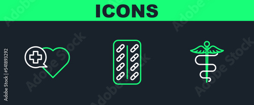 Set line Caduceus snake medical symbol, Heart with cross and Pills in blister pack icon. Vector