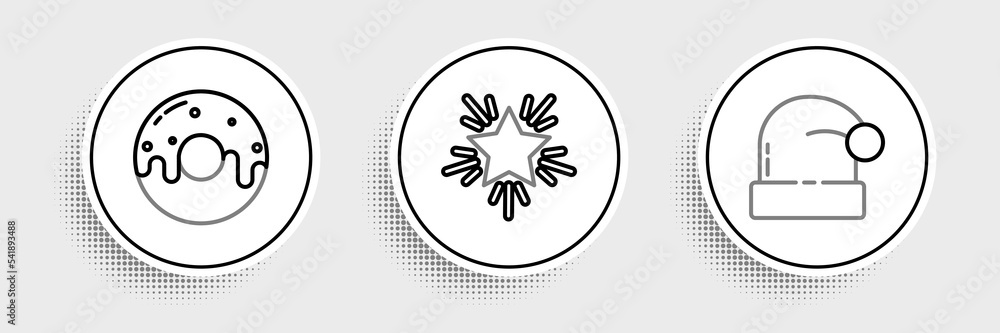 Set line Christmas Santa Claus hat, Donut with sweet glaze and star icon. Vector Set line Christmas Santa Claus hat, Donut with sweet glaze and star icon. Vector