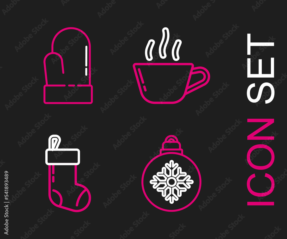 Set line Christmas ball, stocking, Coffee cup and mitten icon. Vector Set line Christmas ball, stocking, Coffee cup and mitten icon. Vector