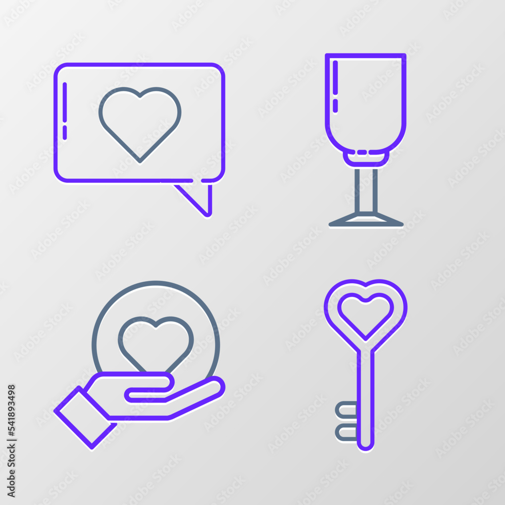 Set line Key in heart shape, Heart on hand, Wine glass and Like icon. Vector Set line Key in heart shape, Heart on hand, Wine glass and Like icon. Vector