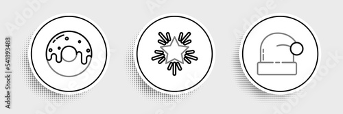 Set line Christmas Santa Claus hat, Donut with sweet glaze and star icon. Vector