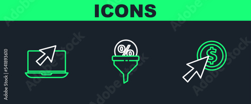 Set line Cursor and coin, Laptop cursor and Lead management icon. Vector
