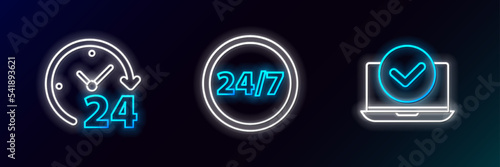 Set line Laptop, Clock 24 hours and icon. Glowing neon. Vector photo