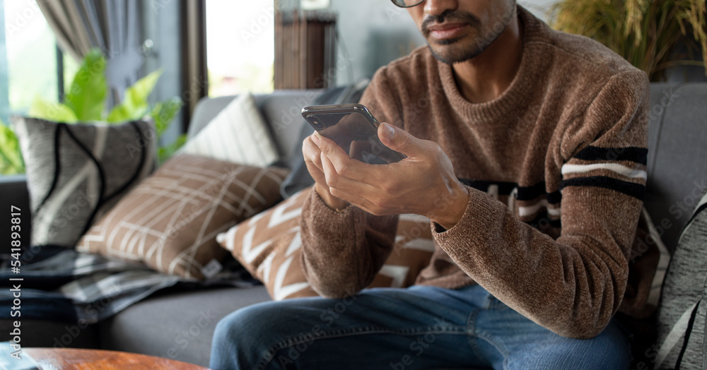 Lifestyle man sitting on sofa in living room at home and using application on smartphone