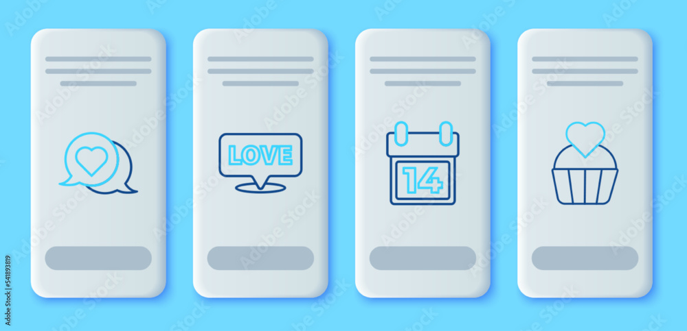 Set line Speech bubble with text love, Calendar February 14, Heart in speech and Wedding cake heart icon. Vector