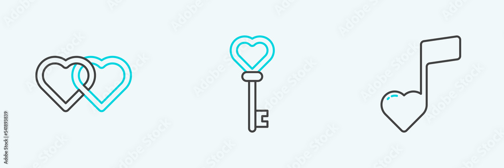 Set line Music note, tone with hearts, Two Linked Hearts and Key shape icon. Vector Set line Music note, tone with hearts, Two Linked Hearts and Key shape icon. Vector