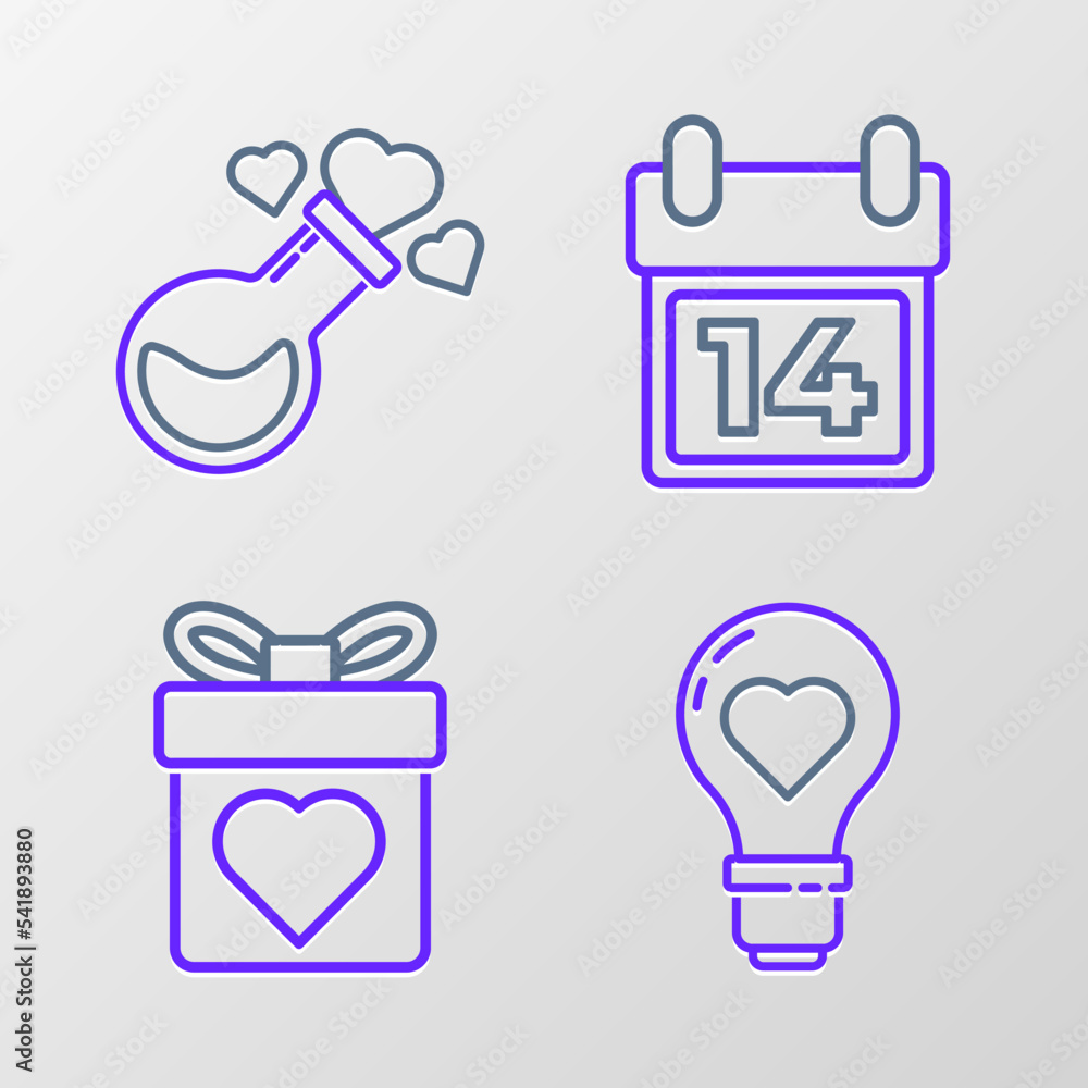 Set line Heart shape in a light bulb, Gift box with heart, Calendar February 14 and Bottle love potion icon. Vector