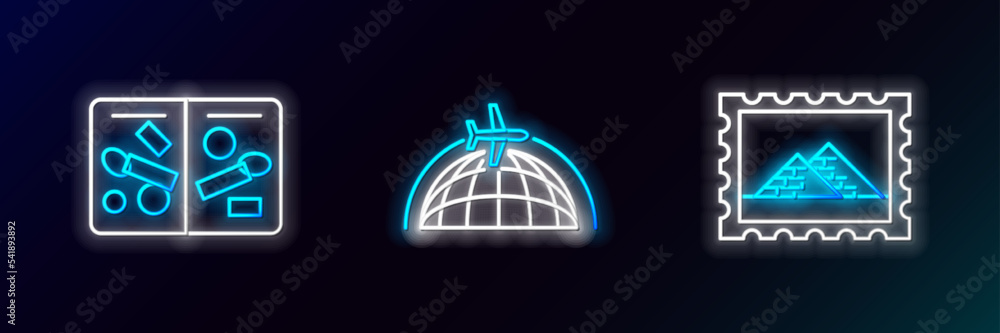 Set line Postal stamp and Egypt pyramids, Passport pages with visa stamps and Globe flying plane icon. Glowing neon. Vector Set line Postal stamp and Egypt pyramids, Passport pages with visa stamps and Globe flying plane icon. Glowing neon. Vector