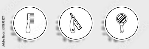 Set line Hand mirror, Hairbrush and Straight razor icon. Vector