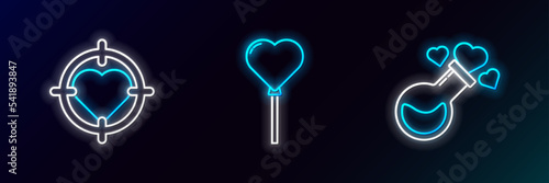 Set line Bottle with love potion, Heart in the center of darts target aim and Balloons form heart icon. Glowing neon. Vector