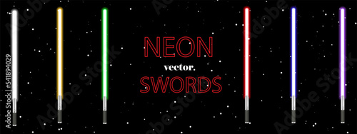 A set of vector light star swords of different colors. Neon design elements