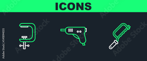 Set line Hacksaw, Clamp and screw tool and Electric hot glue gun icon. Vector
