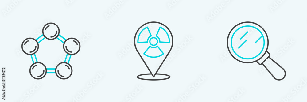 Set line Magnifying glass, Molecule and Radioactive location icon. Vector Set line Magnifying glass, Molecule and Radioactive location icon. Vector