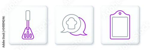 Set line Cutting board, Spatula and Chef hat speech bubble icon. Vector