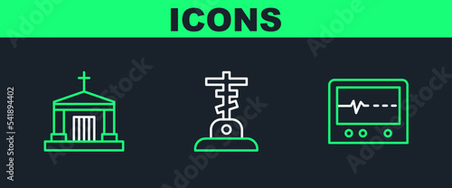 Set line Beat dead in monitor, Old crypt and Grave with cross icon. Vector