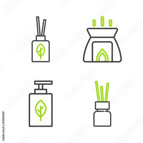 Set line Aroma diffuser, Essential oil bottle, candle and icon. Vector
