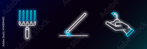 Set line Sprout in hand of environmental protection, Garden rake work and icon. Glowing neon. Vector