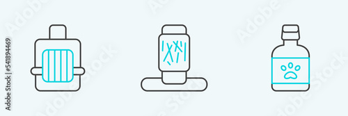 Set line Dog medicine bottle, Pet carry case and Cat scratching post icon. Vector