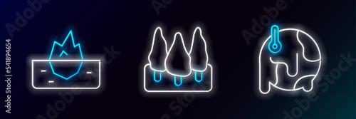 Set line Global warming, Iceberg and Forest icon. Glowing neon. Vector