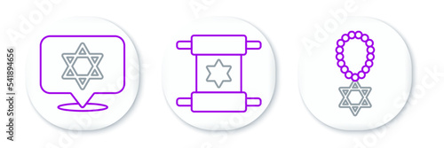 Set line Star of David necklace on chain, and Torah scroll icon. Vector