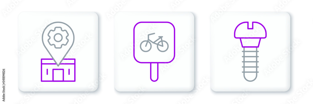 Set line Metallic screw, Bicycle repair service and parking icon. Vector Set line Metallic screw, Bicycle repair service and parking icon. Vector