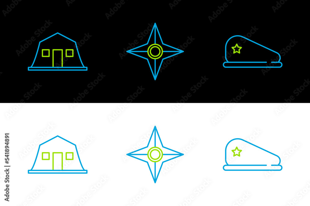 Set line Military beret, barracks and Japanese ninja shuriken icon. Vector Set line Military beret, barracks and Japanese ninja shuriken icon. Vector