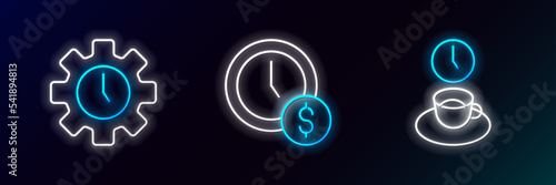 Set line Coffee time, Time Management and is money icon. Glowing neon. Vector