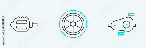 Set line Bicycle pedals, and wheel icon. Vector