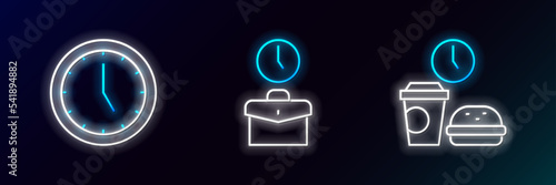 Set line Fast food time, Clock and Work icon. Glowing neon. Vector