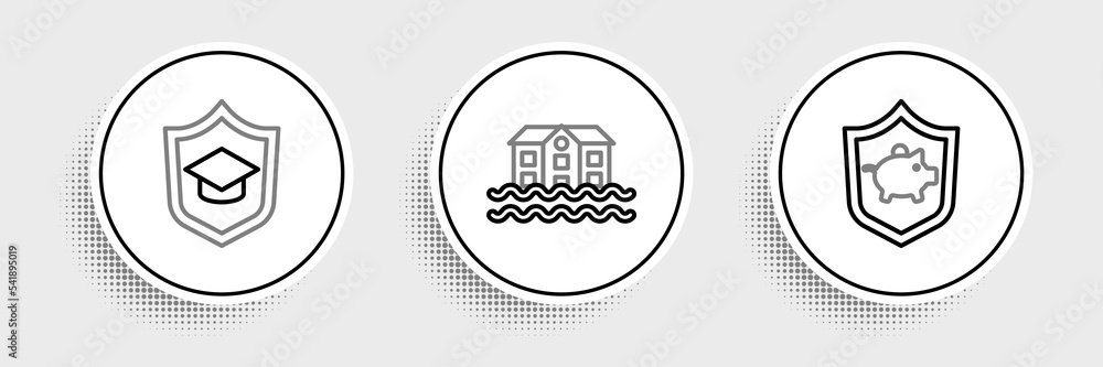 Set line Piggy bank with shield, Graduation cap and House flood icon. Vector Set line Piggy bank with shield, Graduation cap and House flood icon. Vector