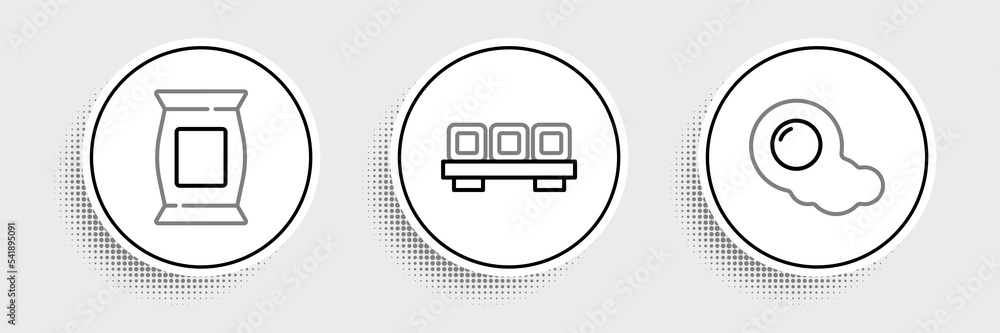 Set line Scrambled eggs, Bag or packet potato chips and Sushi on cutting board icon. Vector