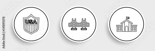 Set line United States Capitol Congress, Shield with stars and Golden gate bridge icon. Vector