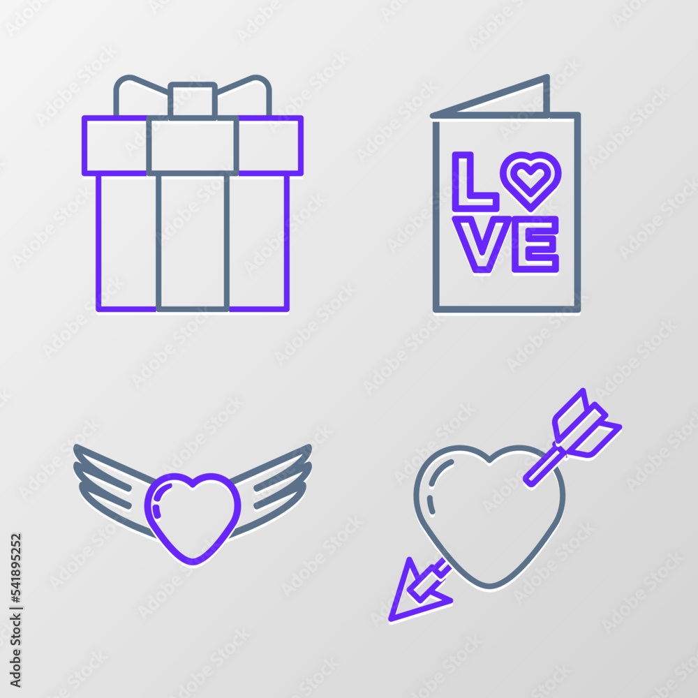 Set line Amour with heart and arrow, Heart wings, Valentines day party flyer and Gift box icon. Vector Set line Amour with heart and arrow, Heart wings, Valentines day party flyer and Gift box icon. Vector