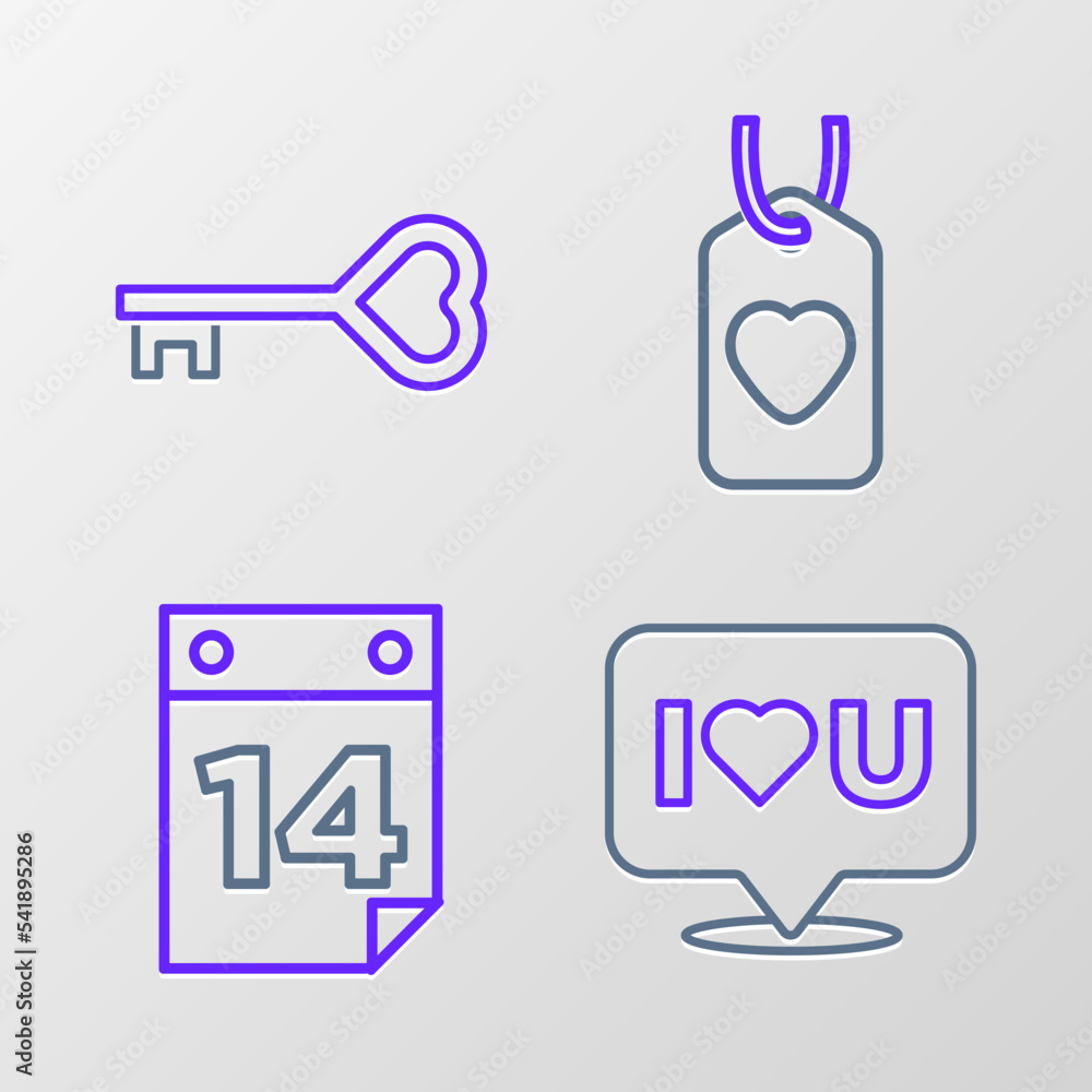 Set line Speech bubble with I love you, Calendar February 14, Heart tag and Key in heart shape icon. Vector Set line Speech bubble with I love you, Calendar February 14, Heart tag and Key in heart shape icon. Vector