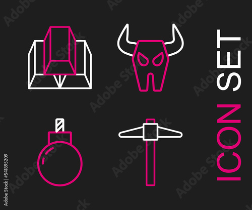 Set line Pickaxe, Bomb ready to explode, Buffalo skull and Gold bars icon. Vector