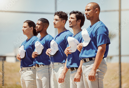 Fotografie Sports, baseball anthem and athlete team ready for start of game or club competition on local baseball field